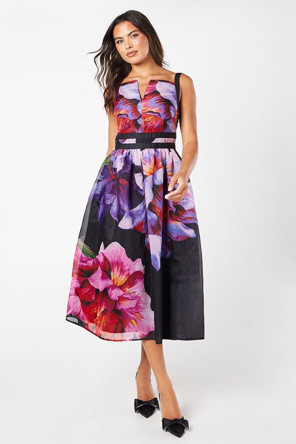 Floral Placement Print Ribbon Trim Midi Dress
