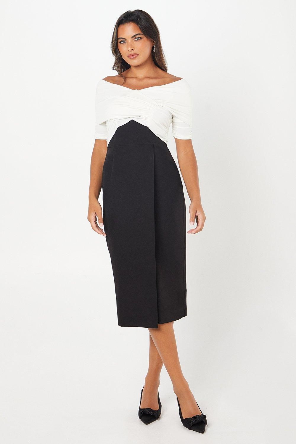 Stretch Crepe Cross Over Neck Pencil Dress