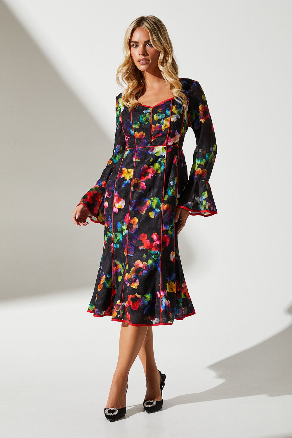 Petite Floral Print Long Sleeve Midi Dress