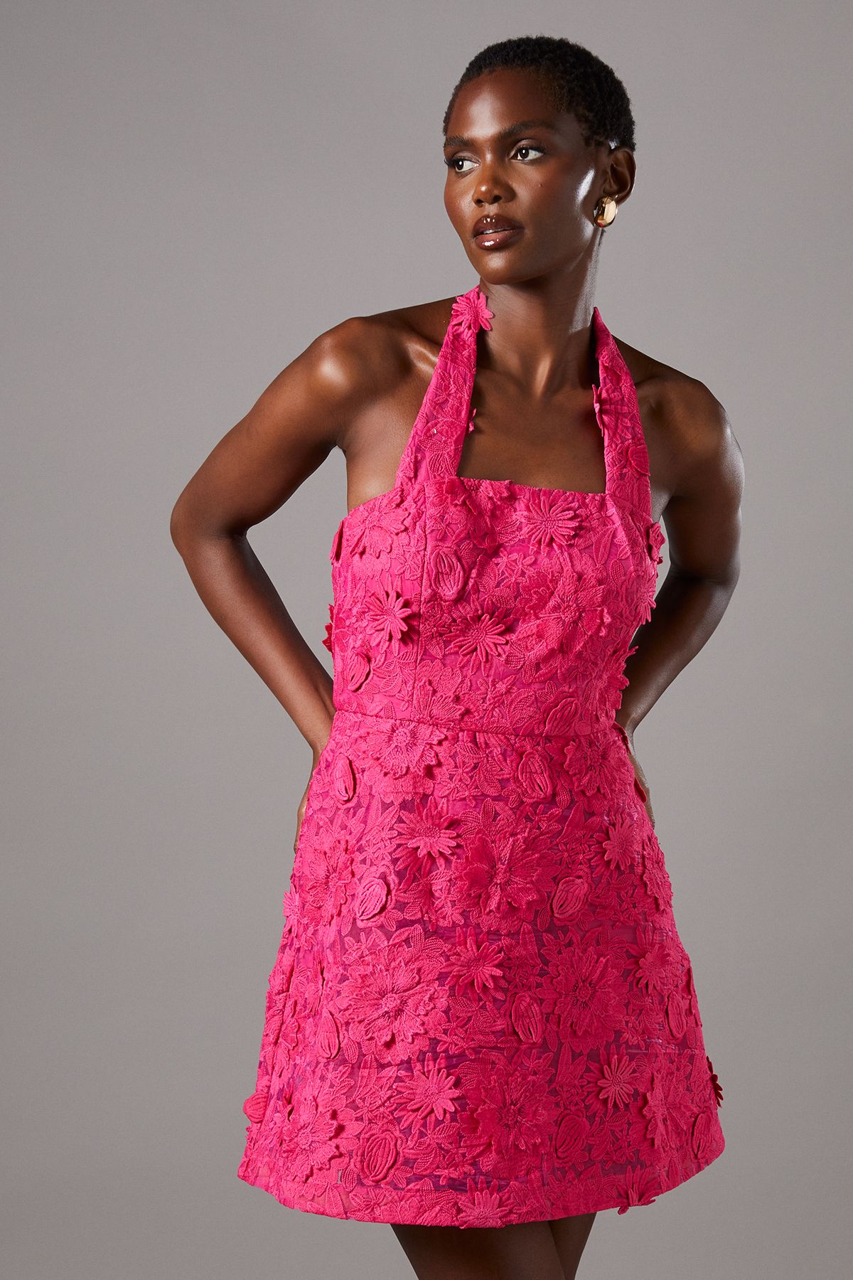 3D Floral Halter Neck Mini Dress