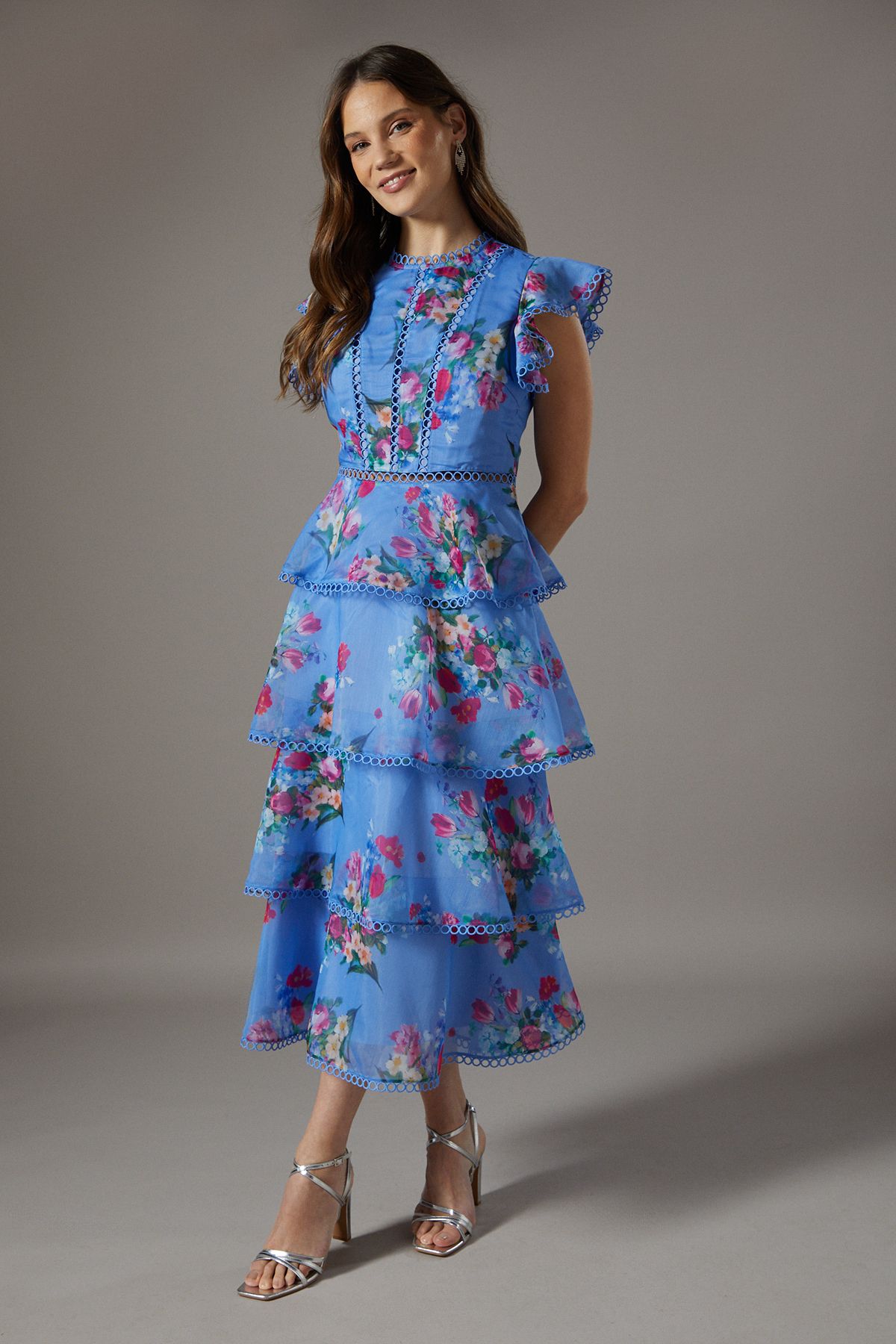 Lace Trim Tiered Organza Midi Dress