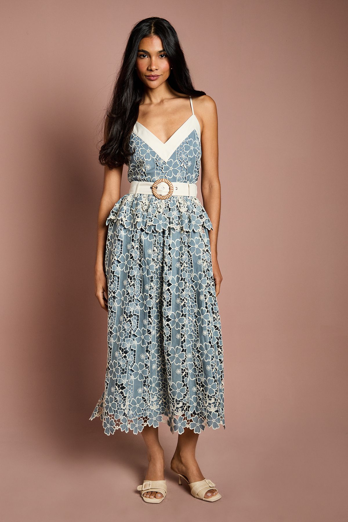 V Neck Cami Cutwork Lace Midi Dress