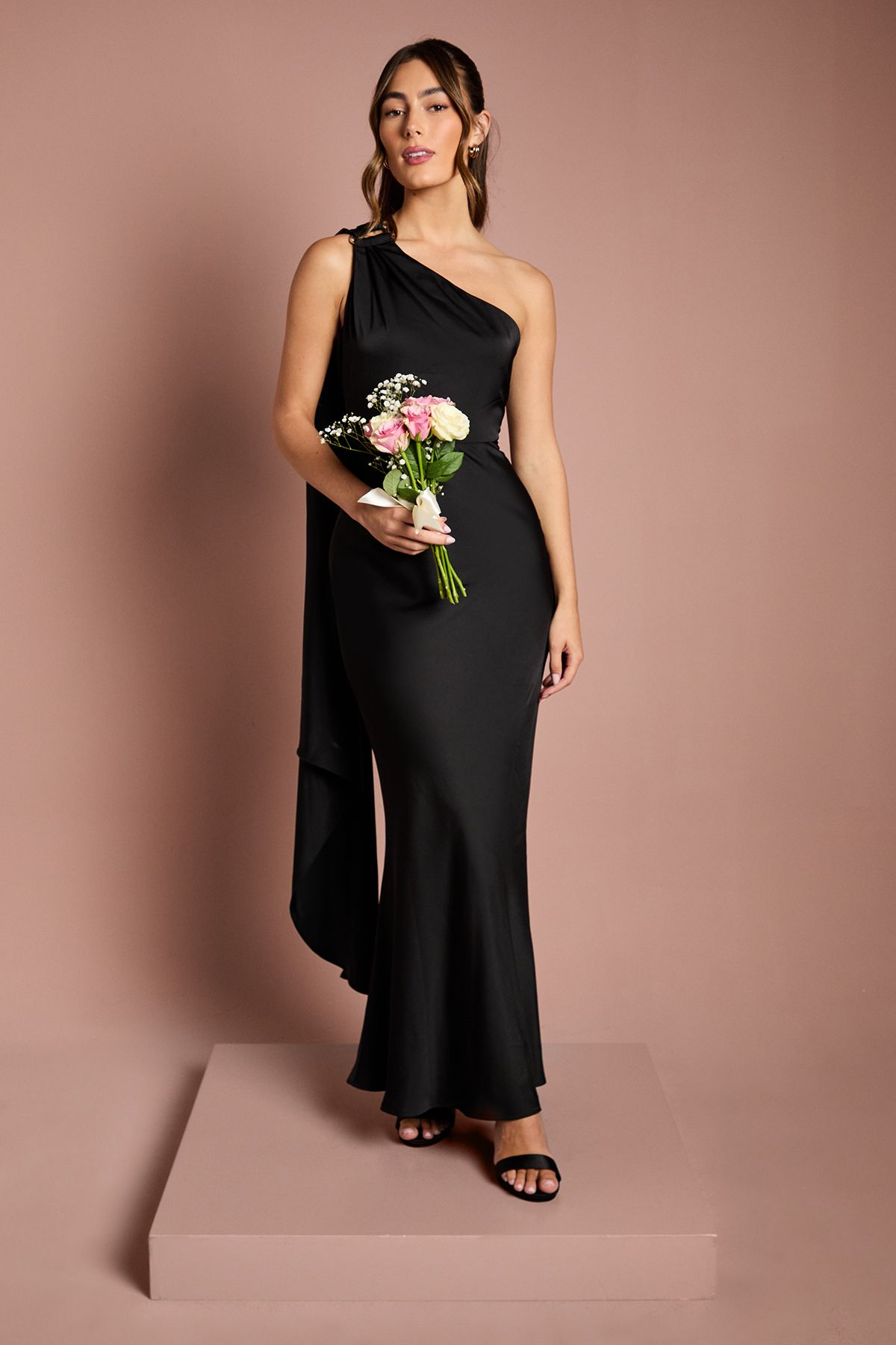 One Shoulder Satin Maxi Bridesmaid Dress With Gold Trim