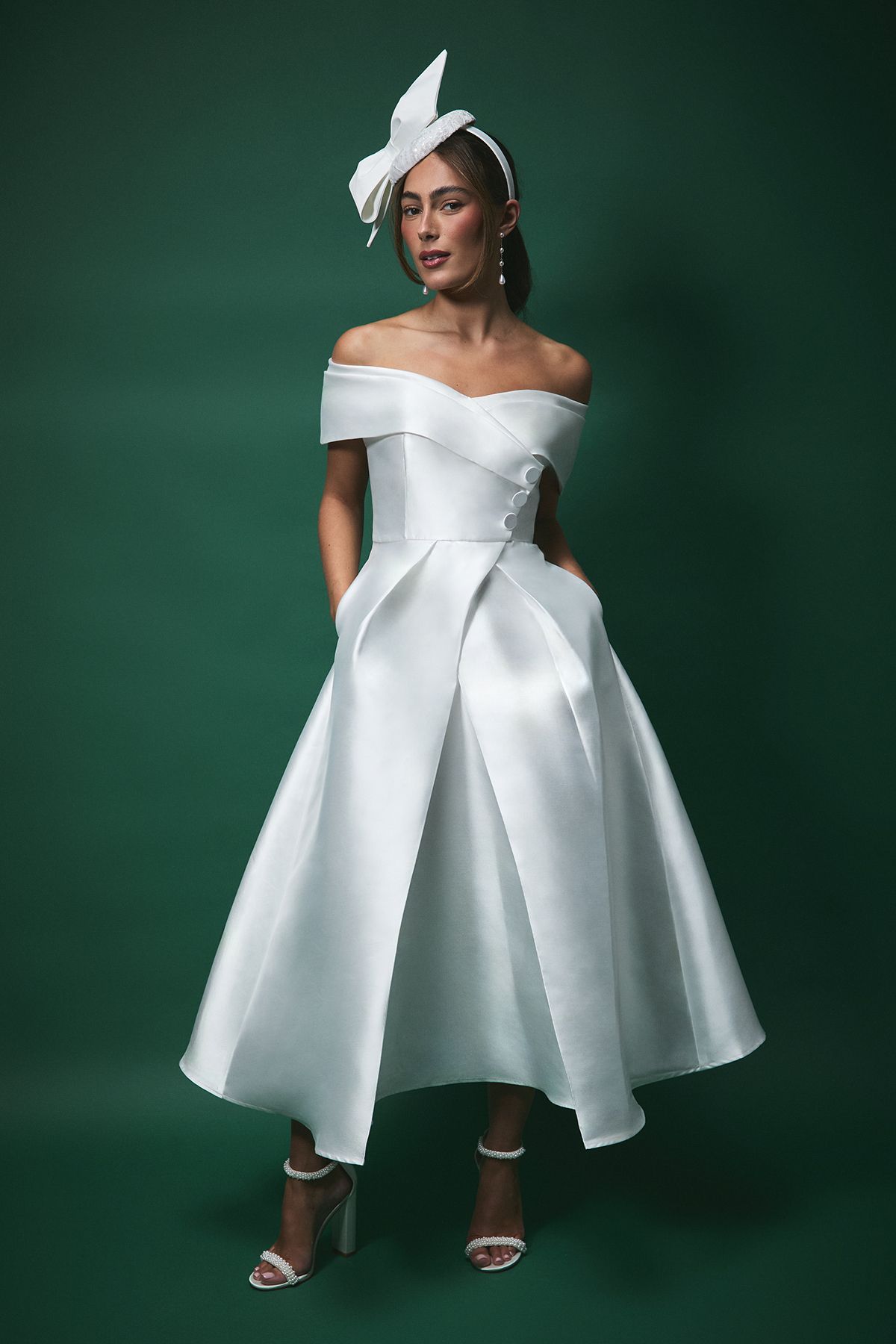 Lisa Tan Twill Bardot Waisted Midi Wedding Dress