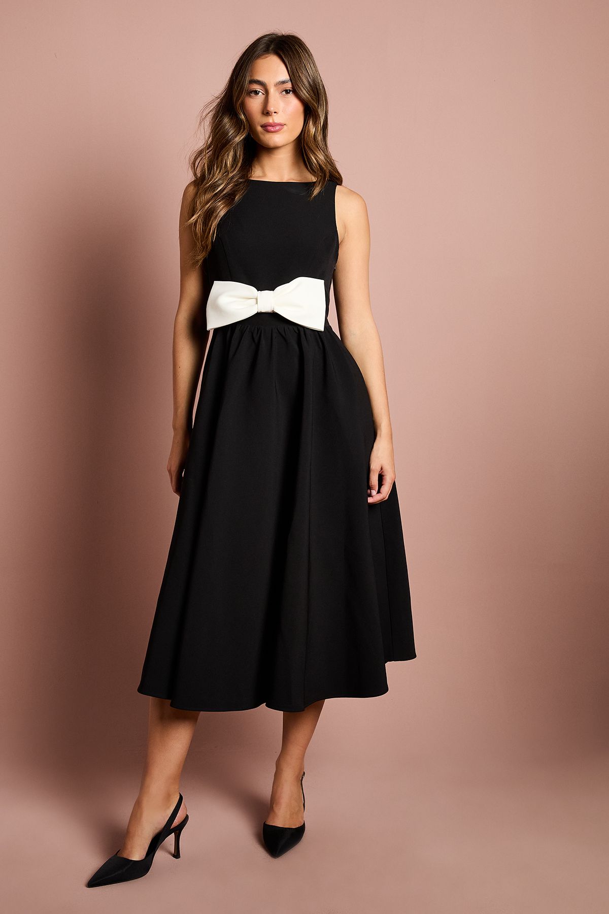 Sleeveless Crepe Midi Dress With Statement Bow