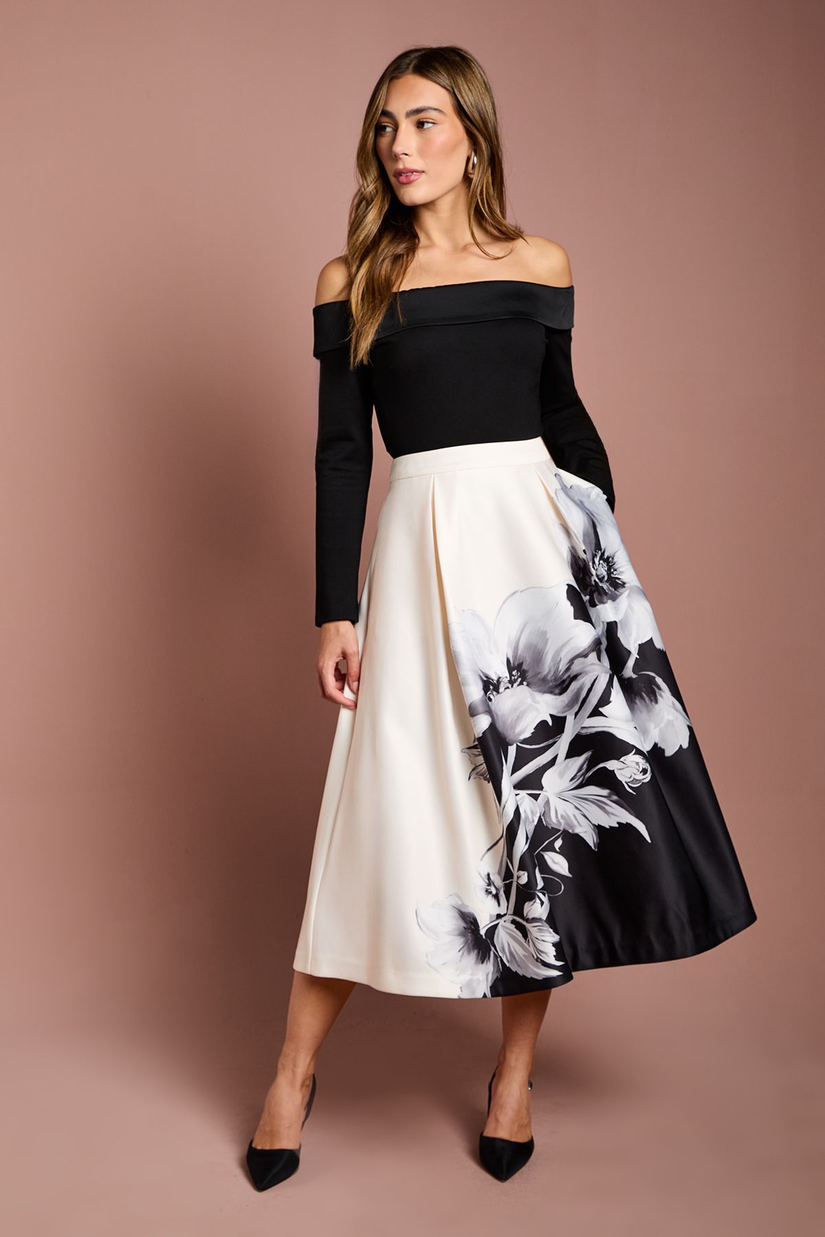 Satin Midi Skirt With Placement Print