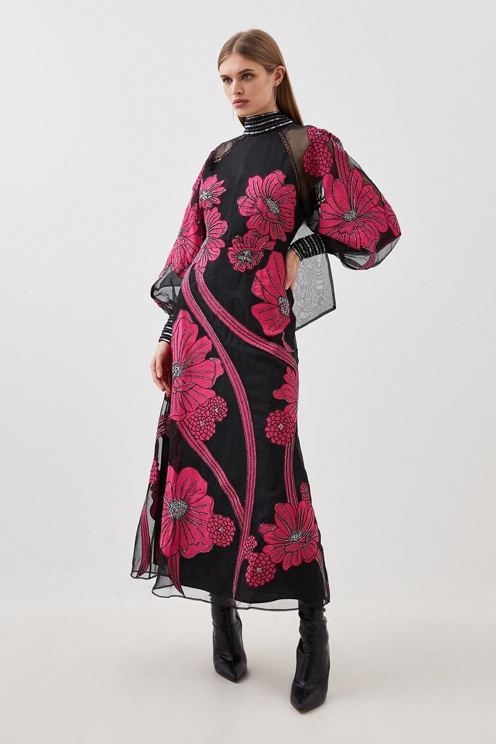 Applique Organdie Floral Graphic Woven Maxi Dress