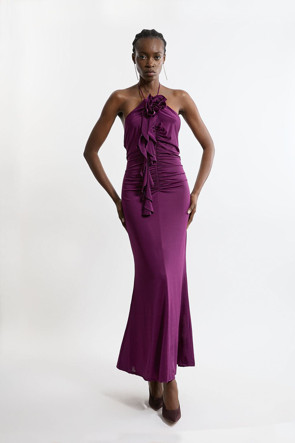 Backless Tie Rosette Slinky Jersey Maxi Dress