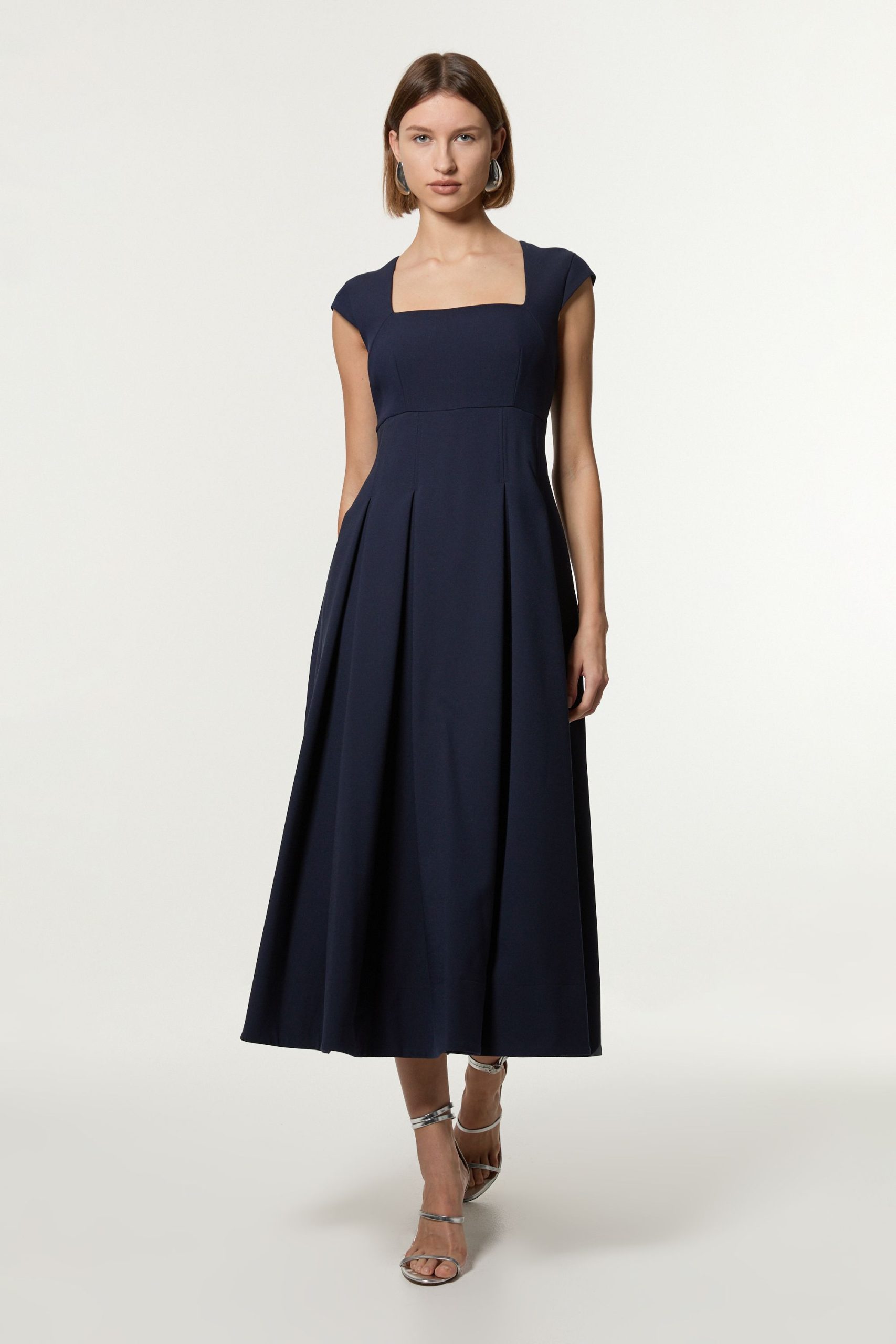 Petite Clean Tailored Square Neck Full Skirted Midi Dress