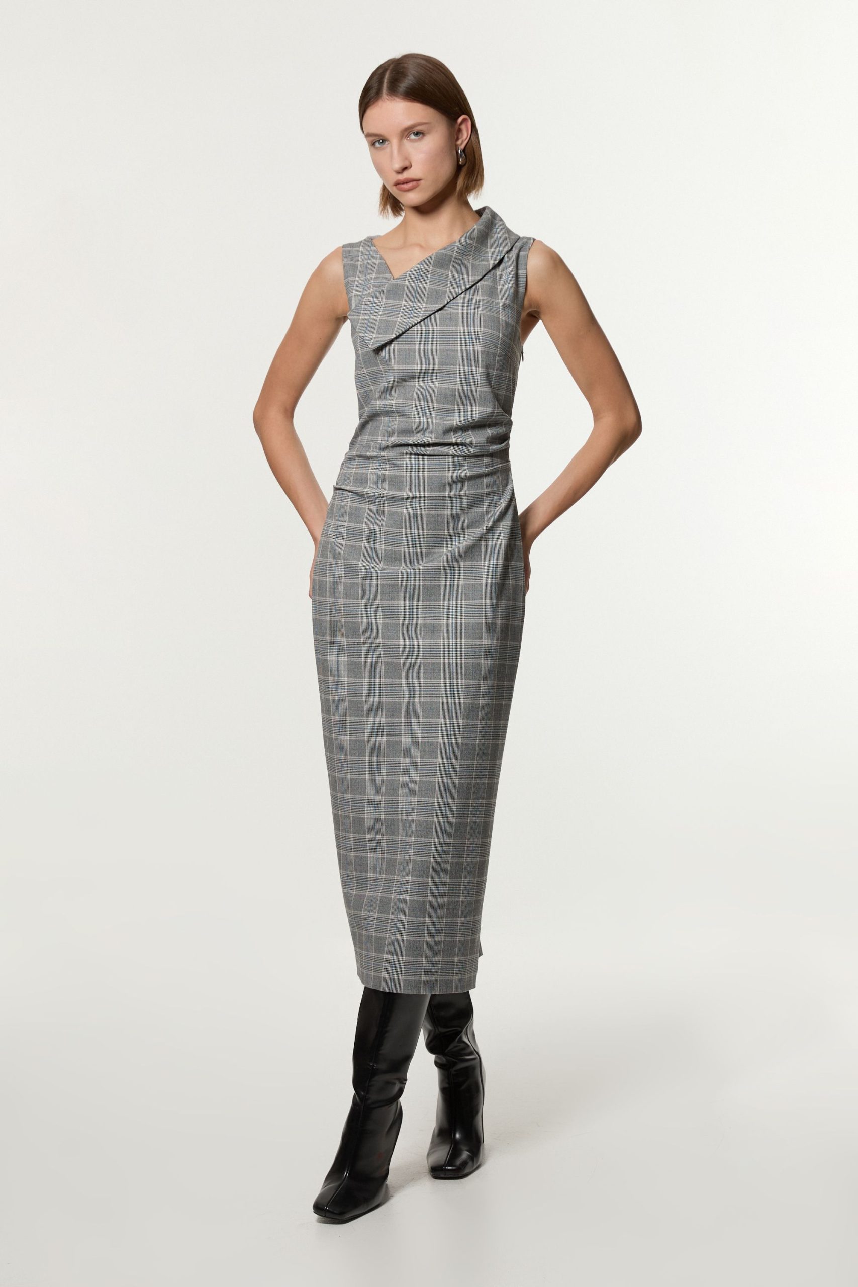 Grey Check Tailored Full Skirted Asymmetrical Maxi Dress