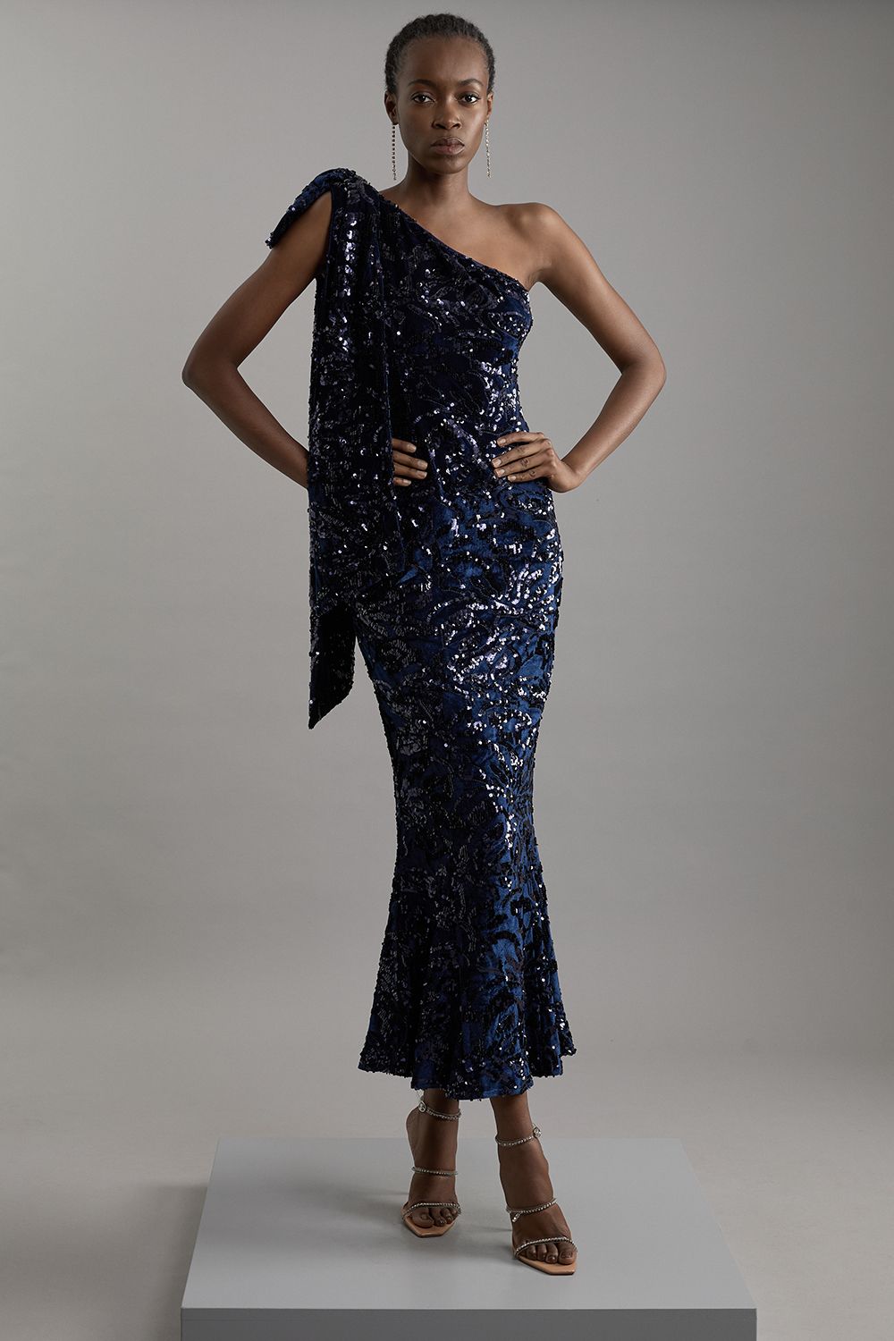 Petite Velvet Sequin One Shoulder Woven Maxi Dress