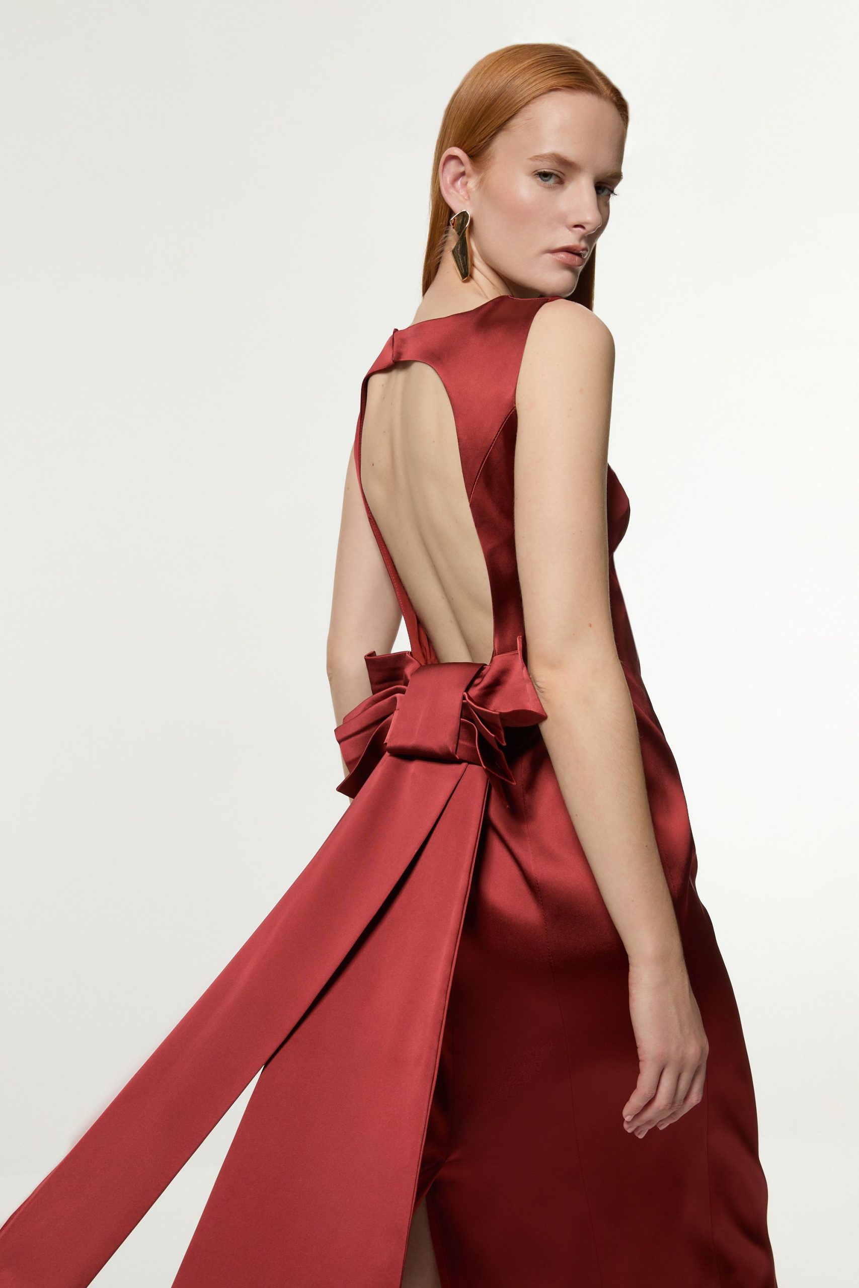 Italian Satin Tailored Bow Detail Maxi Dress