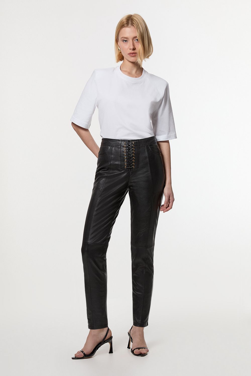Leather Lace Up Slim Leg Trousers
