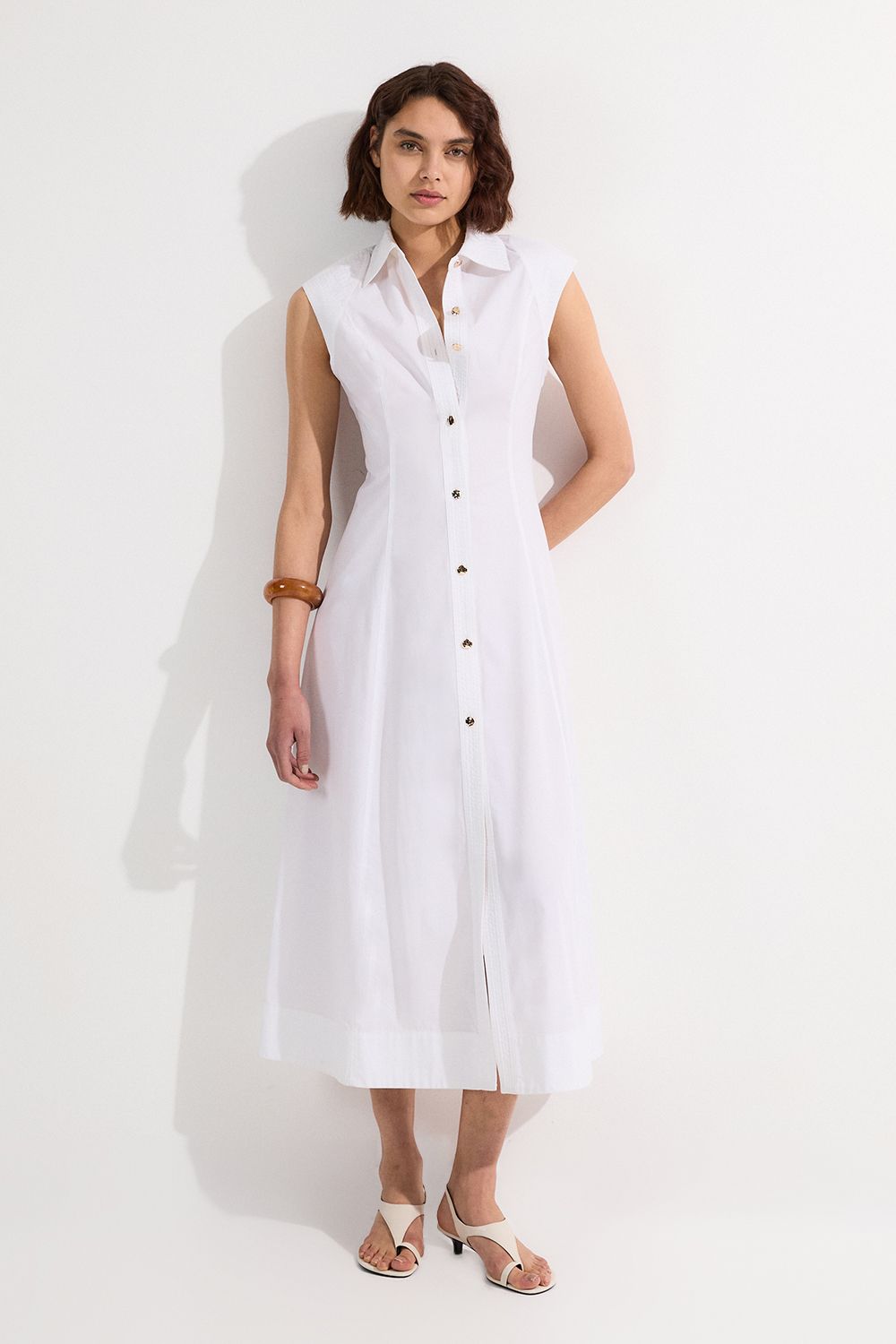 Cotton Top Stitch Woven Midi Shirt Dress
