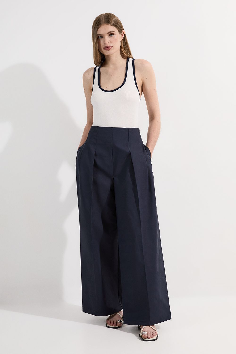 Archive Collection - Tailored Cotton Pintuck Grosgrain Wide Leg Trouser