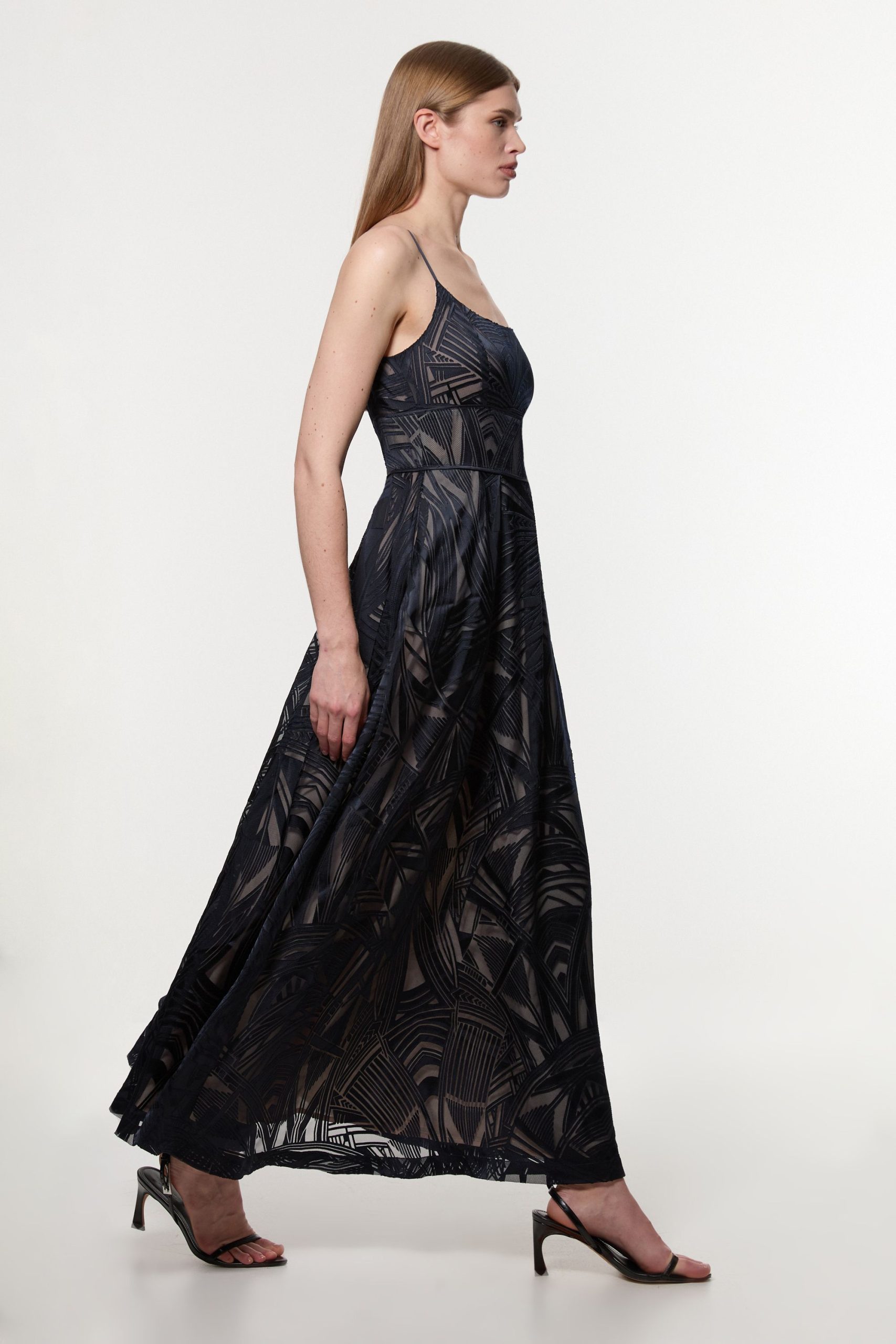 Amelia Graham Burnout Split Woven Prom Strappy Maxi Dress