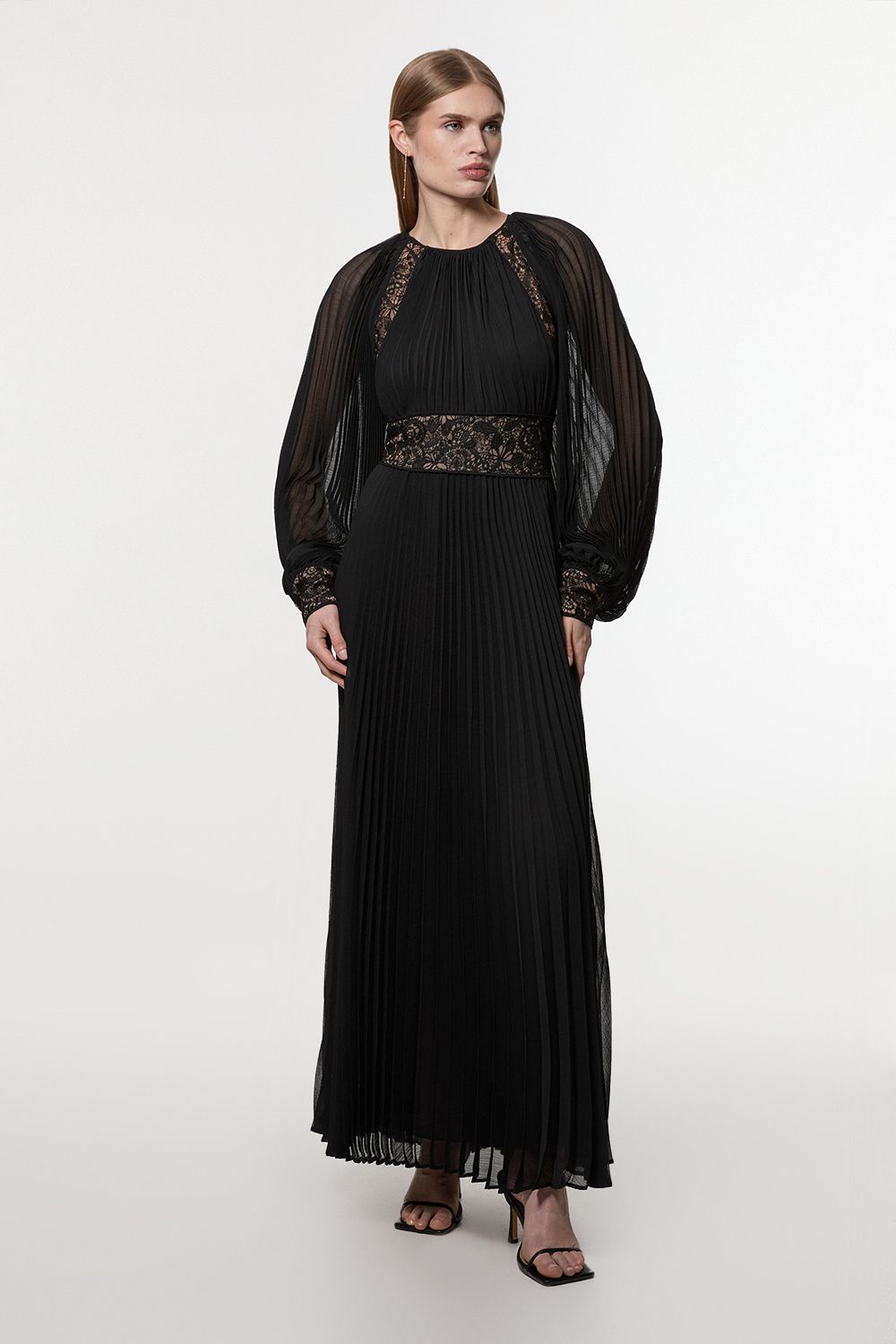 Petite Viscose Georgette Pleated Woven Maxi Dress With Sheer Lace Panel Detail
