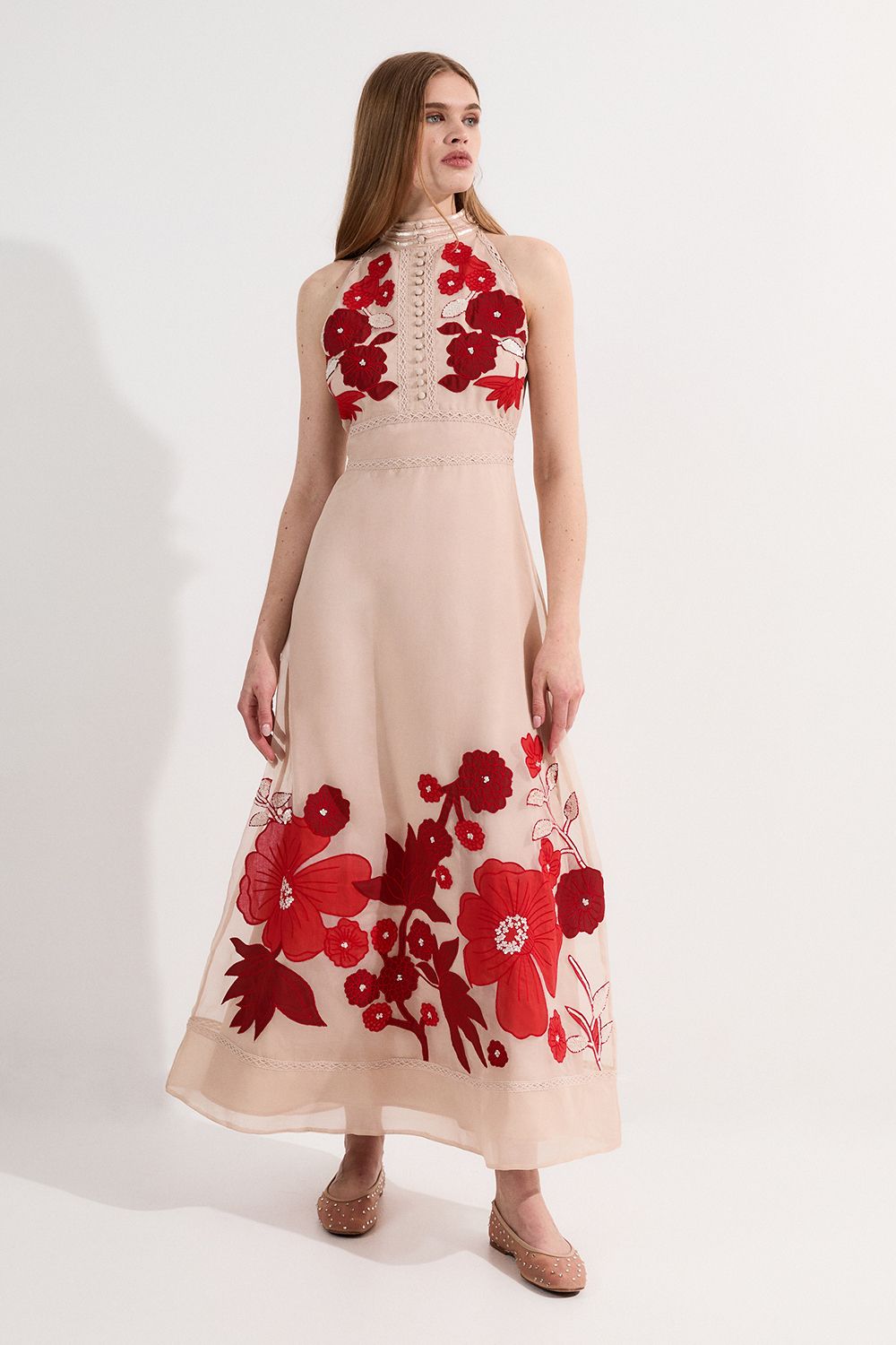 Applique Organdie Buttoned Halter Neck Maxi Dress