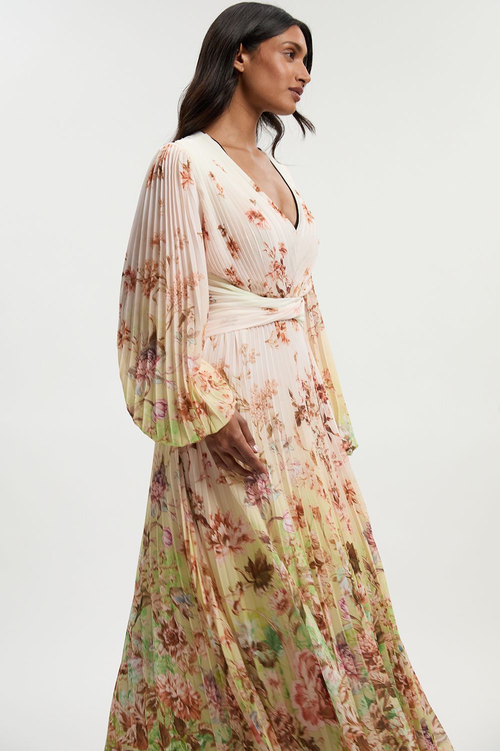 Petite Scattered Floral Balloon Sleeve Pleated Crinkle Cut Out Woven Maxi Dress