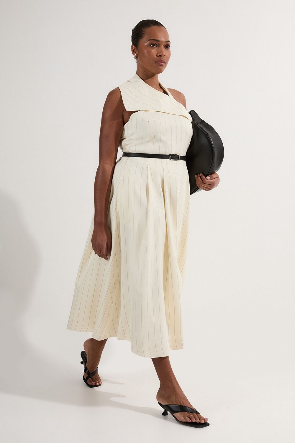 Plus Size Premium Linen Viscose Pinstripe Halter Neck Belted Full Skirted Midi Dress