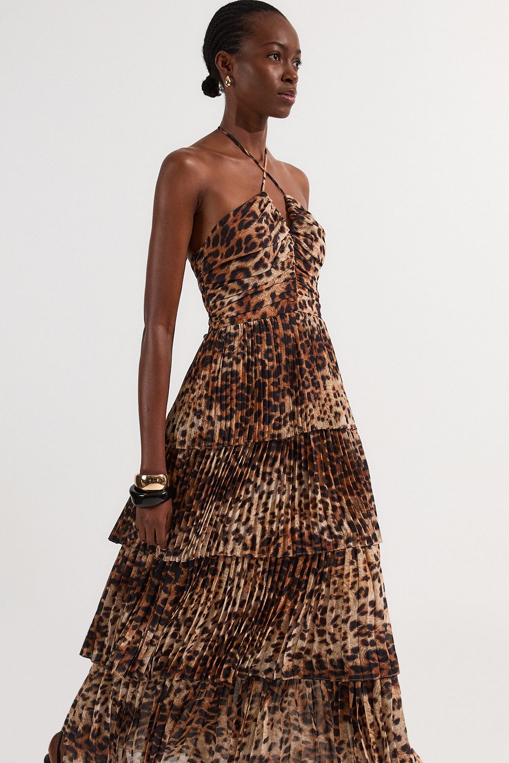 Petite Animal Georgette Crinkle Tiered Halterneck Midi Dress