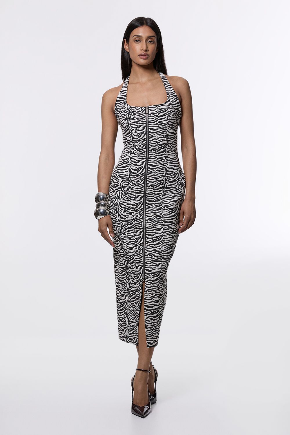 Zebra Jacquard Tailored Zip Through Pencil Midi Dress