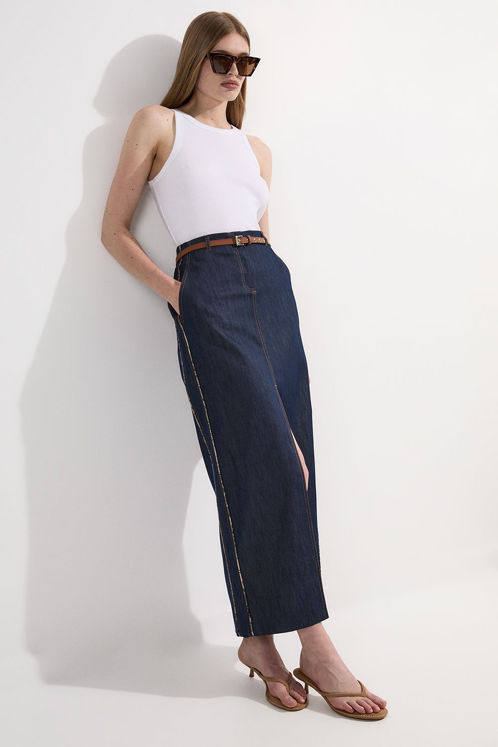 Archive Collection - Tailored Denim Belted Pocket Detail Maxi Skirt