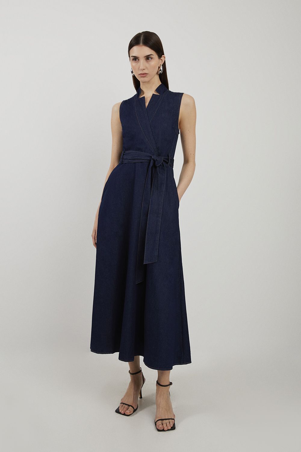 Petite Denim Tailored Notch Neck Belted Fluid Midi Dress
