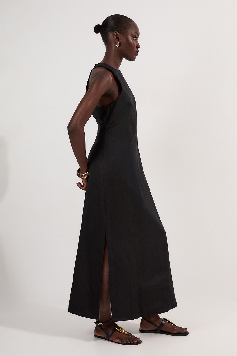 Viscose Linen Halter Open Back Woven Column Dress