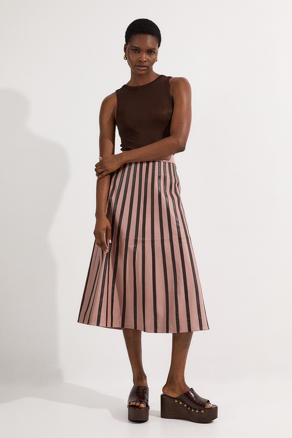 Leather Stripe Mix Full Midi Skirt