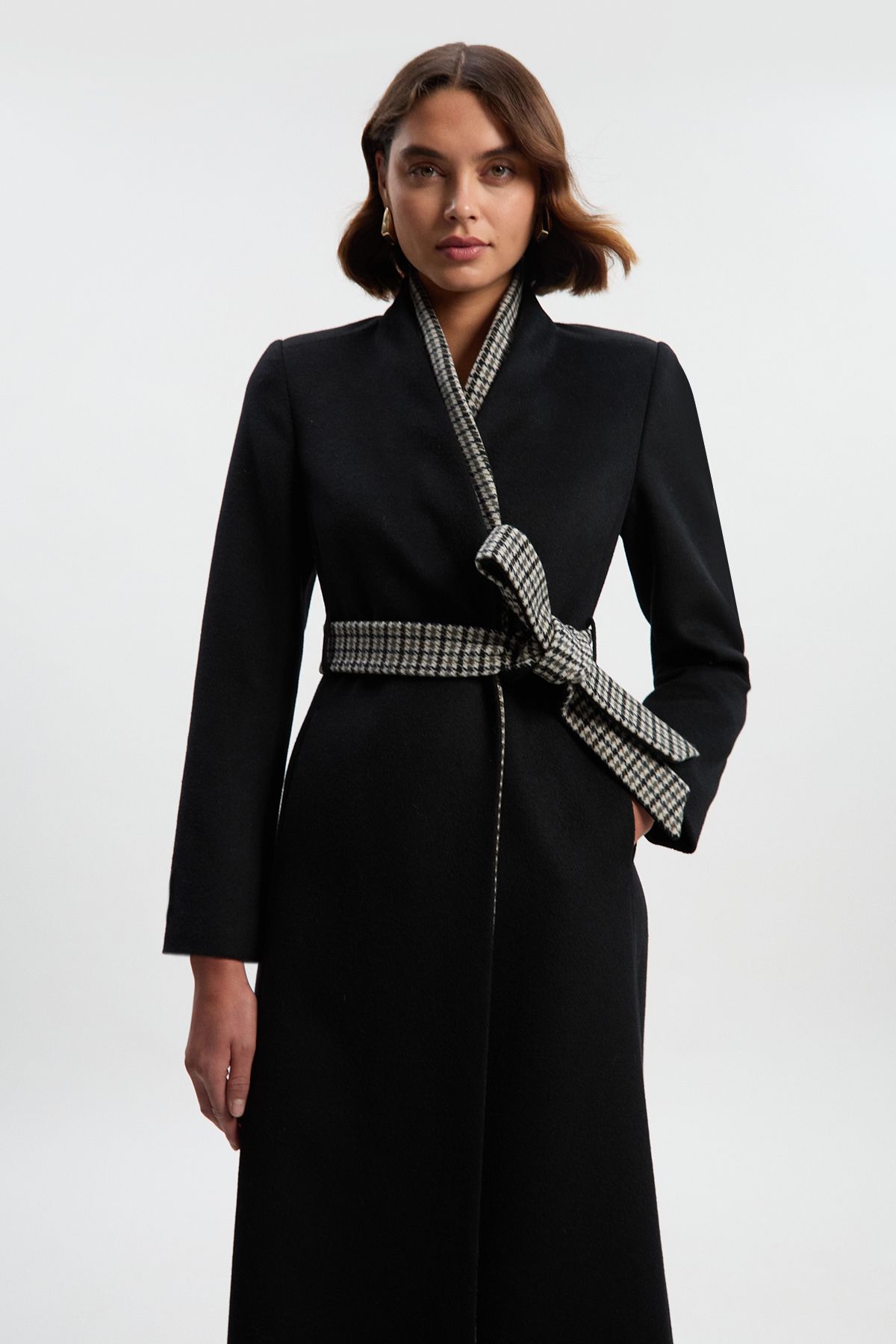 Brushed Wool Houndstooth Mix Belted Wrap Neck Tailored Midi Coat