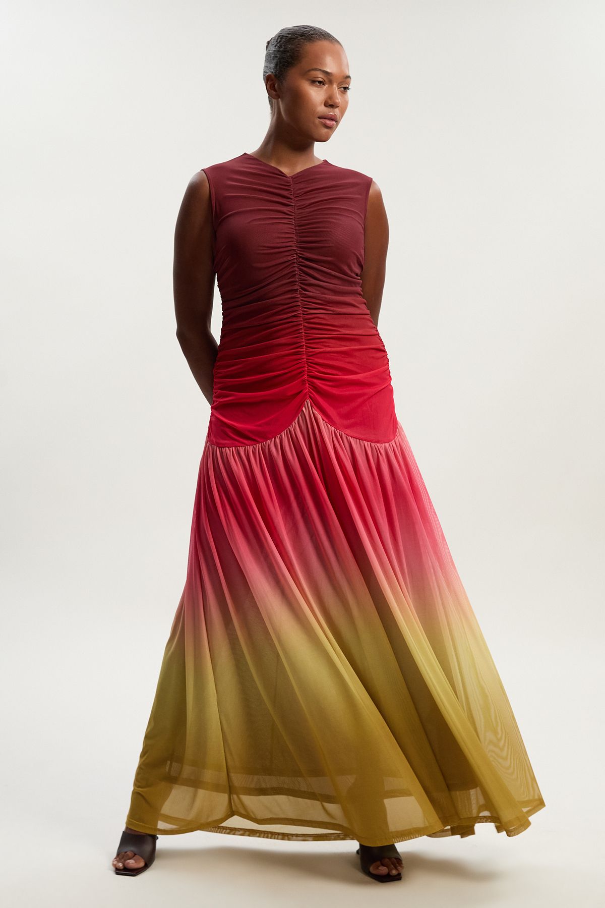 bkk25886_red_xl.jpg Plus Size Ombre Rouched Jersey Sleeveless Mesh Maxi Dress