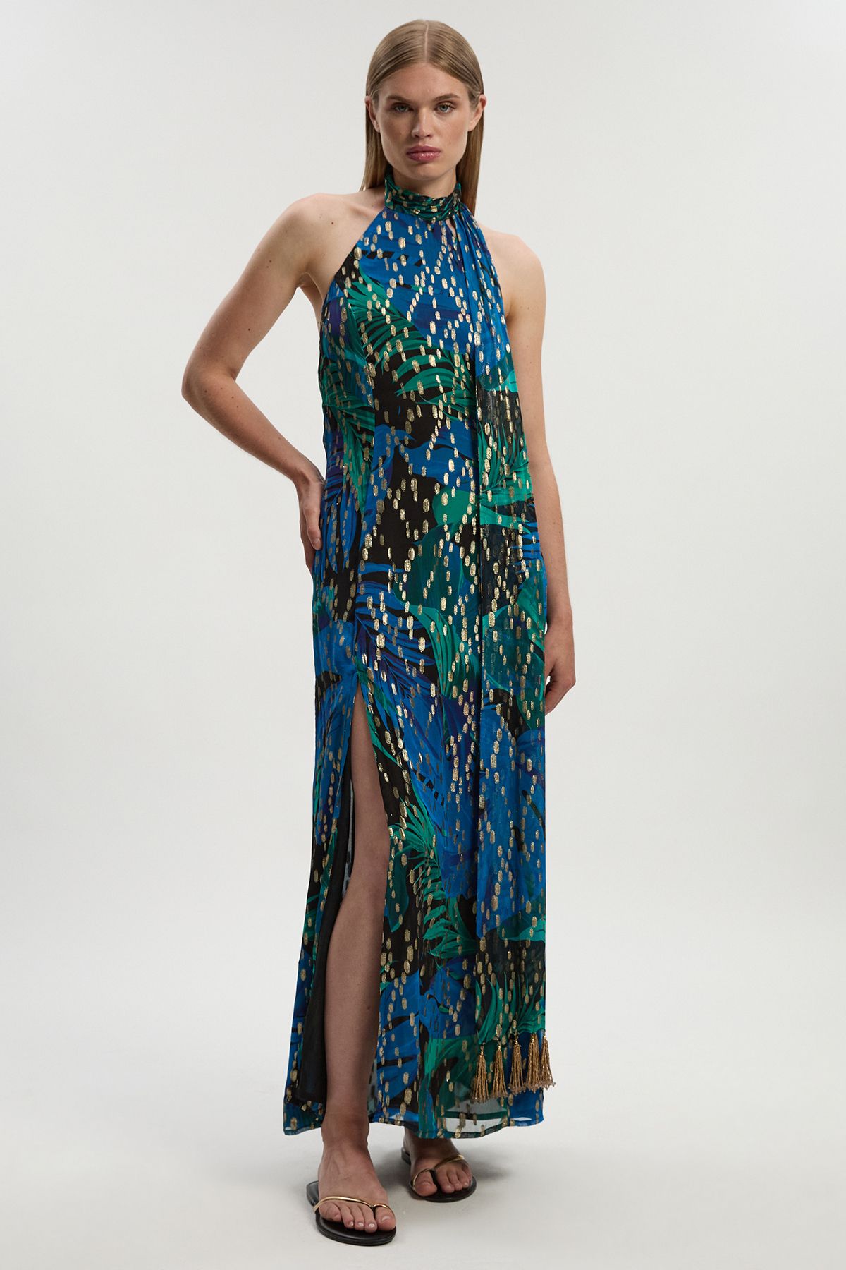 Petite Viscose Metallic Palm Print Halter Neck Maxi Dress