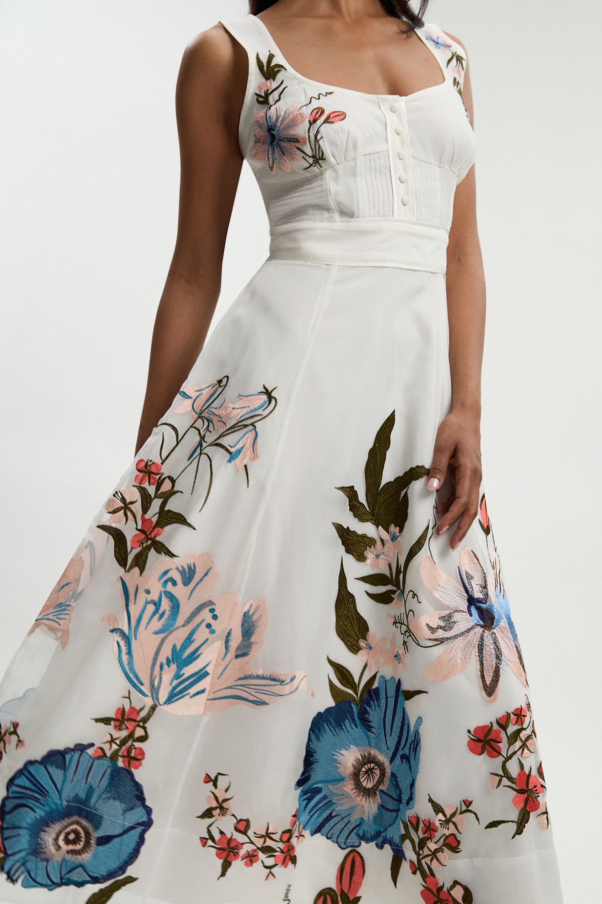 Botanical Embroidery Organdie Strappy Midi Dress