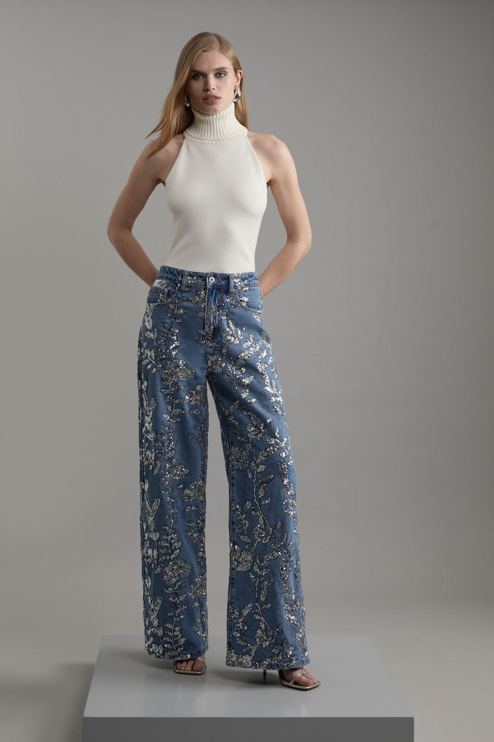 Tall Denim All Over Floral Sequin Wide Leg Trousers