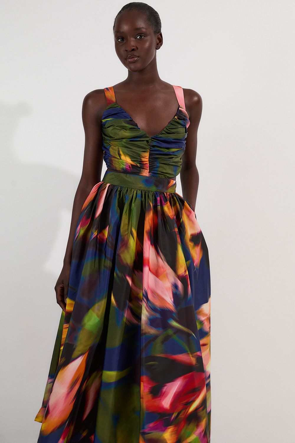 Blurred Floral Drama Woven Taffeta Maxi Dress