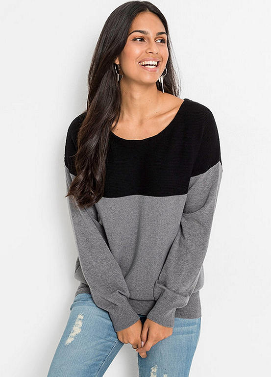 bonprix Black/Grey Boat Neck Jumper