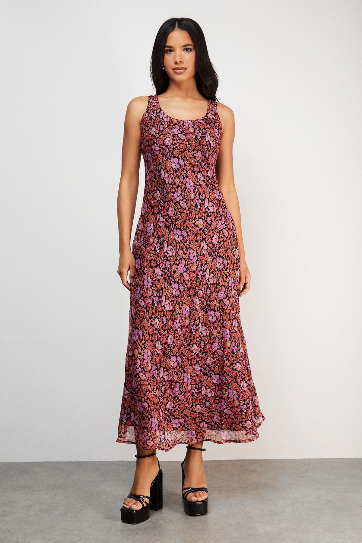 Ditsy Floral Chiffon Square Neck Bias Midi Slip Dress