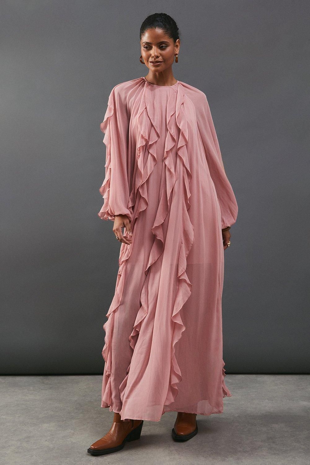 Chiffon Ruffle Blouson Sleeve Maxi Dress
