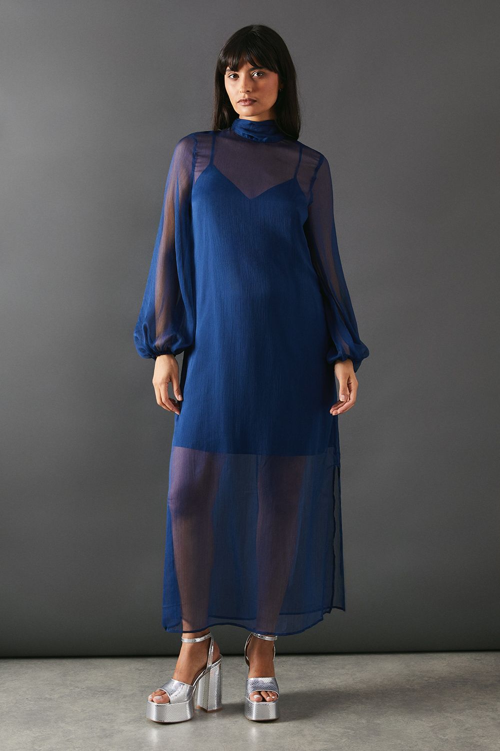 Chiffon Tie Neck Balloon Sleeve Column Midi Dress