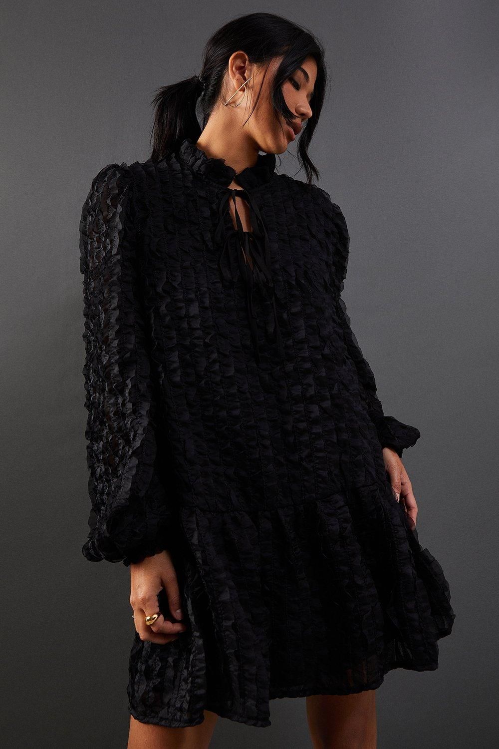 3d Chiffon Tie Neck Mini Smock Dress