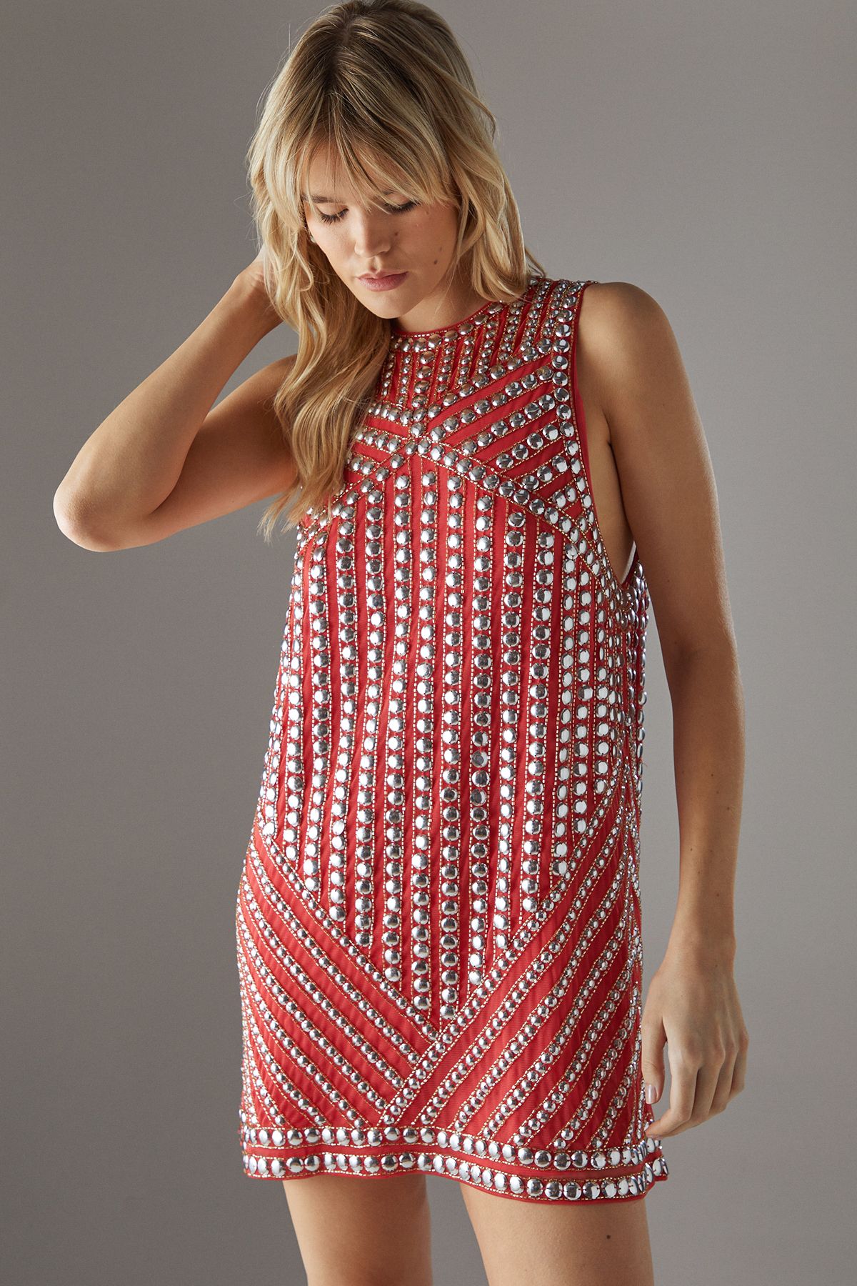 Hand Embellished Sequin Stud Drop Armhole Vest Mini Dress