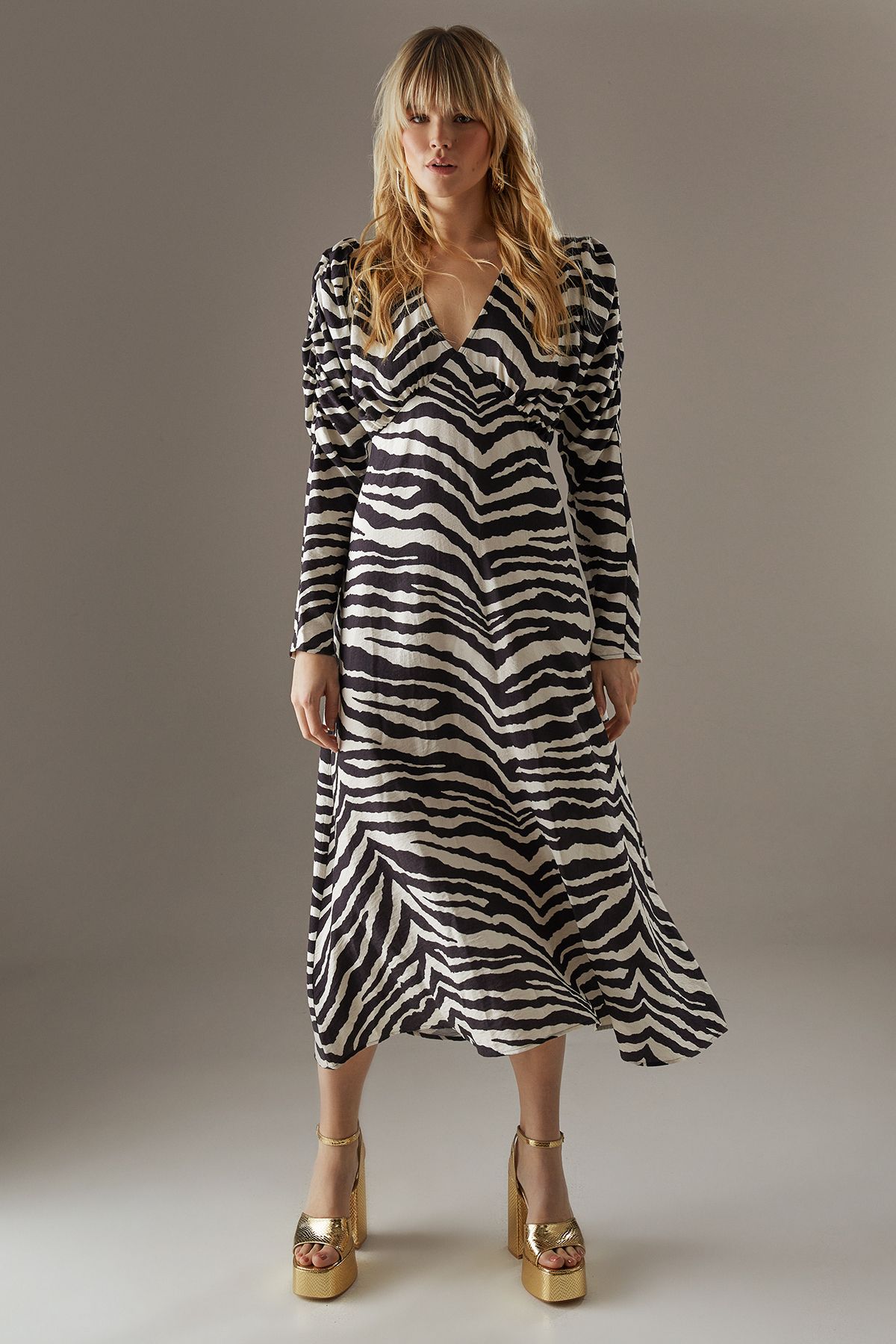 Zebra Viscose V Neck Long Puff Sleeve Midi Dress