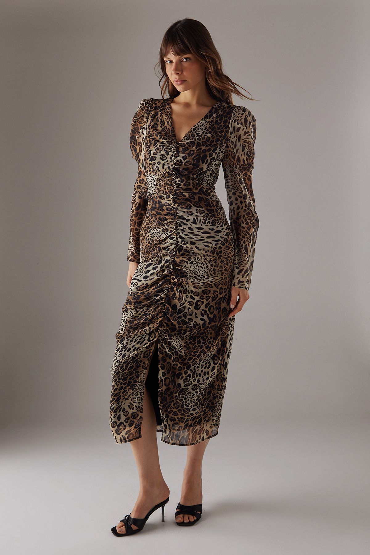 Animal Chiffon Ruched Plunge Button front Midi Dress