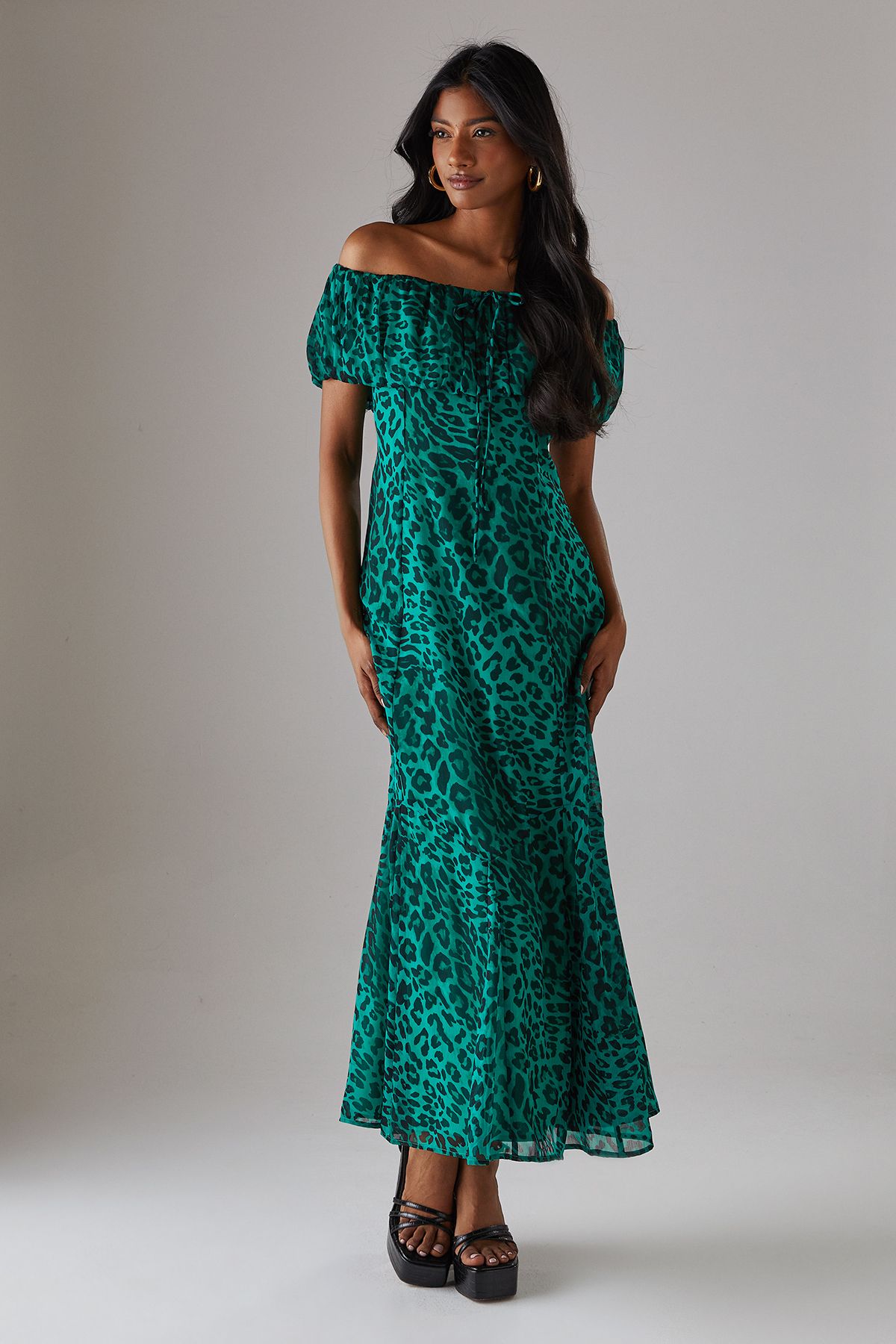 Chiffon Bardot Godet Insert Milkmaid Midi Dress