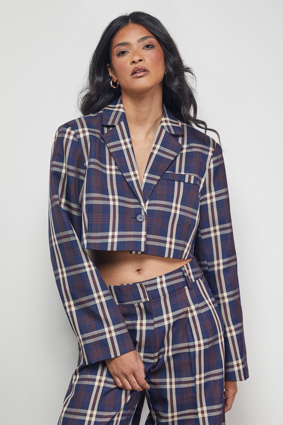 Navy Check Cropped Blazer Co-ord