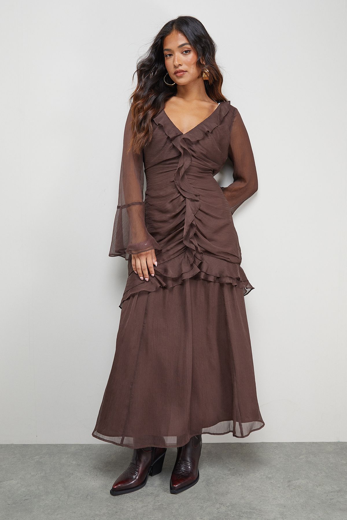 Petite Chiffon Ruffle Gathered Bodice Midi Dress