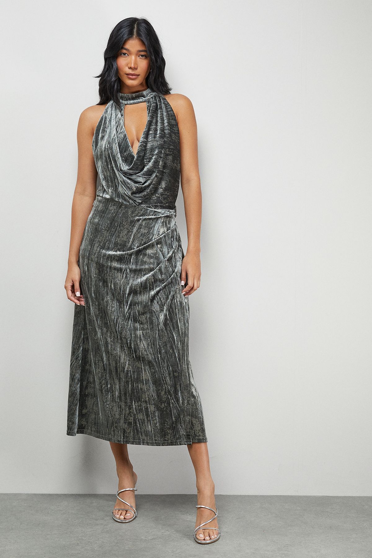 Metallic Velvet Halter Cowl Neck Midi Dress