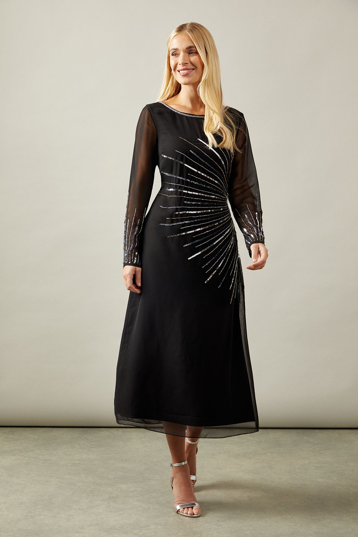 Petite Occasion Embellished Sequin Long Sleeve Midi Dress