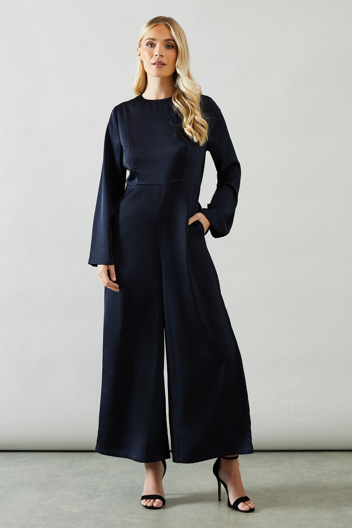 Petite Trumpet Sleeve Wide Leg Crepe Jumpsuit